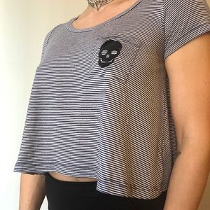 blue striped crop top with skull on pocket